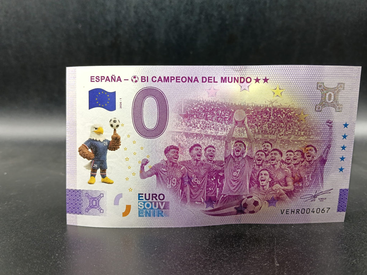 Díptico España Bicampeona del mundo 2026, 3 billetes sellado mascotas