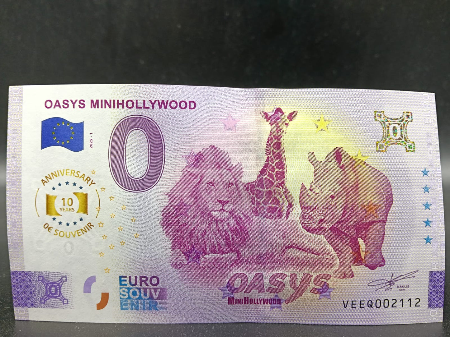 Edición 2025 Billete Euro Souvenir OASYS MINIHOLLYWOOD ANIMALES aniversary