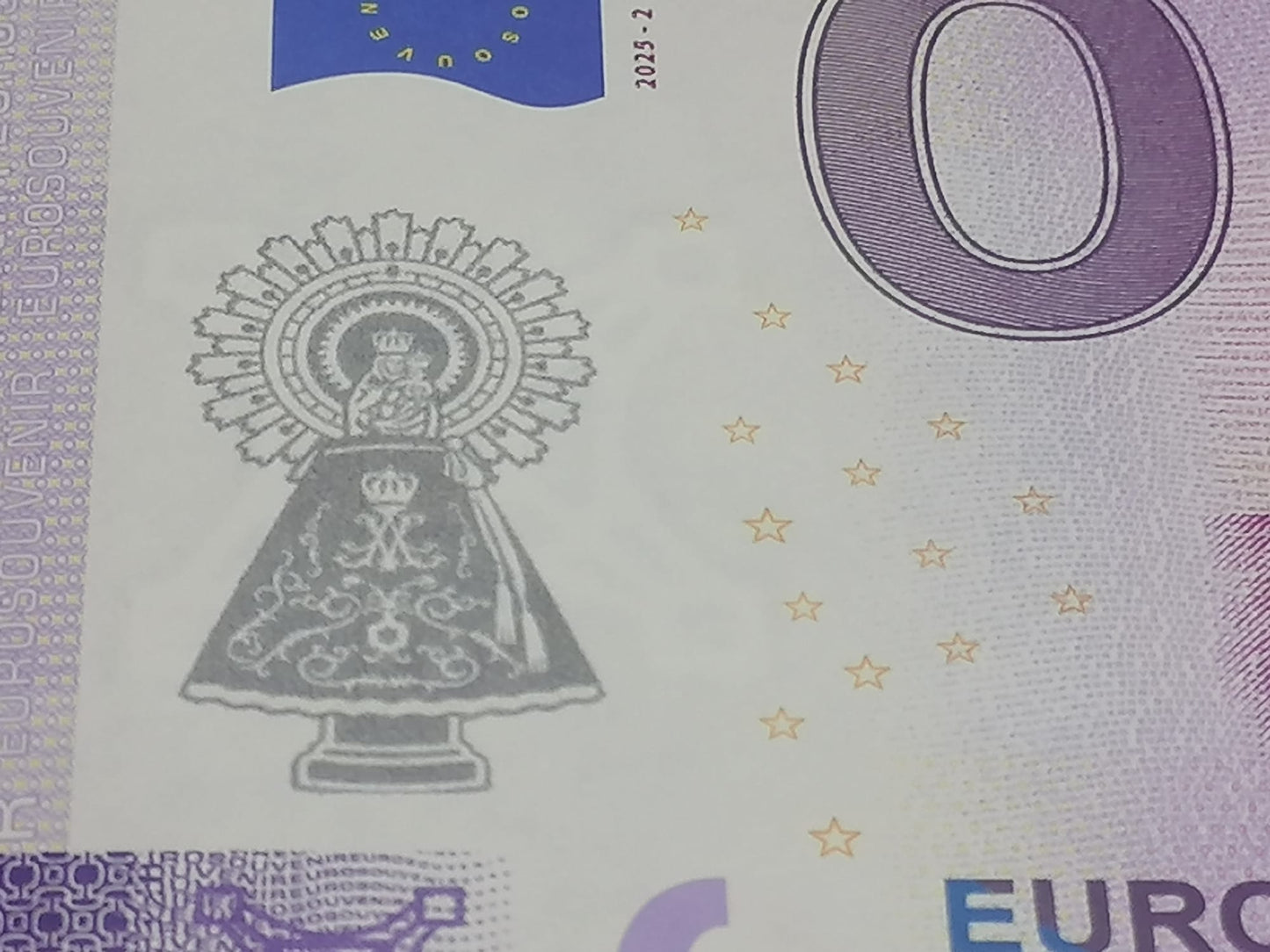 Edición 2025. Billete Euro Souvenir ZARAGOZA-BASILICA DEL PILAR SELLADO 2025