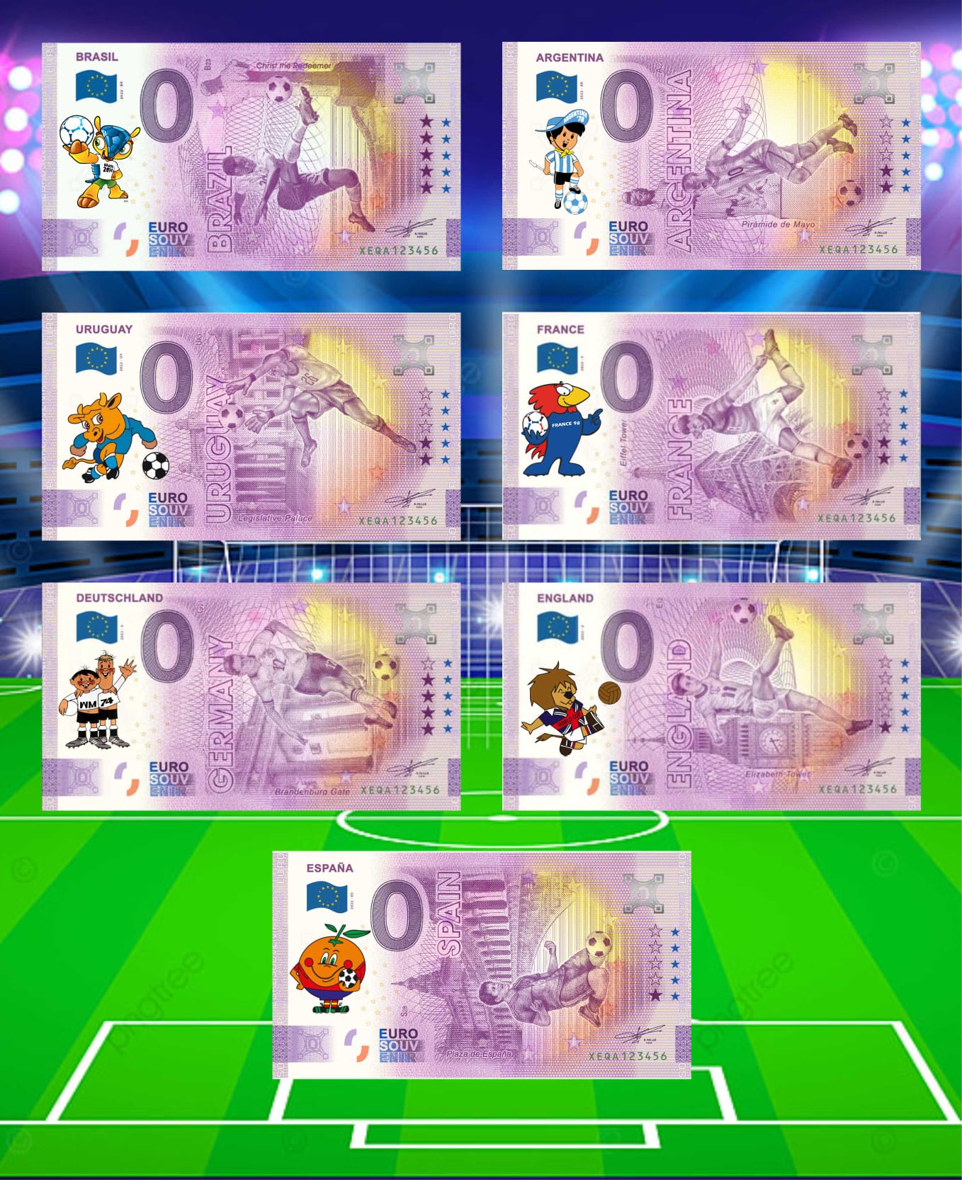 Collector's pack Mundial de Qatar 2022, 7 billetes. Mascotas
