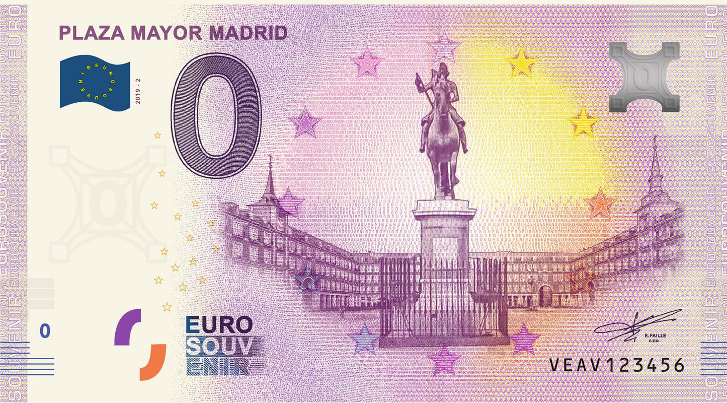 Nota de banco Eurosouvenir Plaza Mayor em Madrid 2019