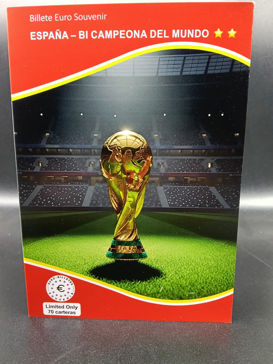 Edición 2026- Billete Euro Souvenir España Bicampeona del mundo 2026, 3 billetes sellado mascotas