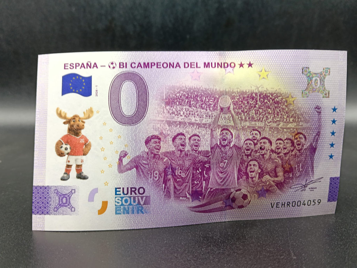 Díptico España Bicampeona del mundo 2026, 3 billetes sellado mascotas