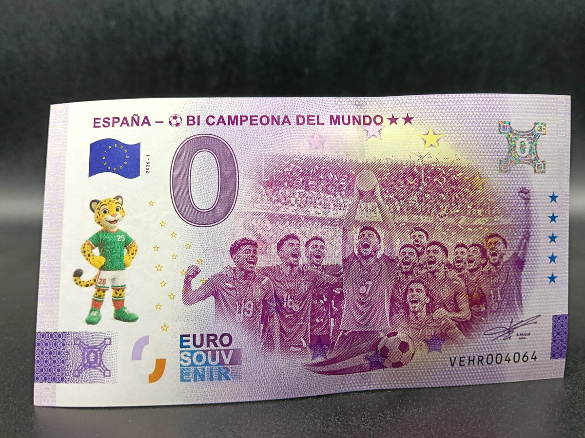 Díptico España Bicampeona del mundo 2026, 3 billetes sellado mascotas