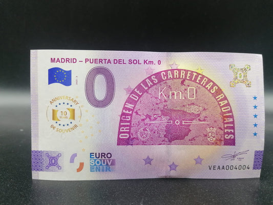 Edición 2025 Billete Euro Souvenir MADRID PUERTA DEL SOL KM0 aniversary