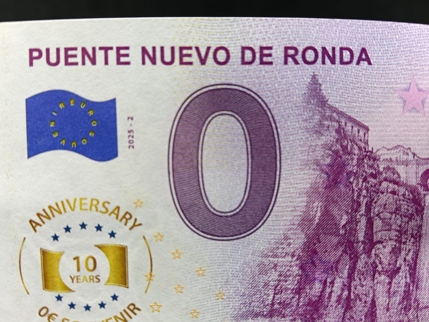 Billete Euro Souvenir  PUENTE NUEVO DE RONDA 2025 versión aniversary