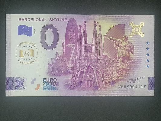 Billete Euro Souvenir BARCELONA-SKYLINE versión aniversary 2025