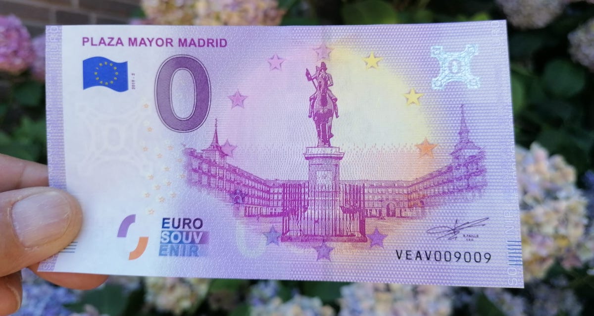 Nota de banco Eurosouvenir Plaza Mayor em Madrid 2019
